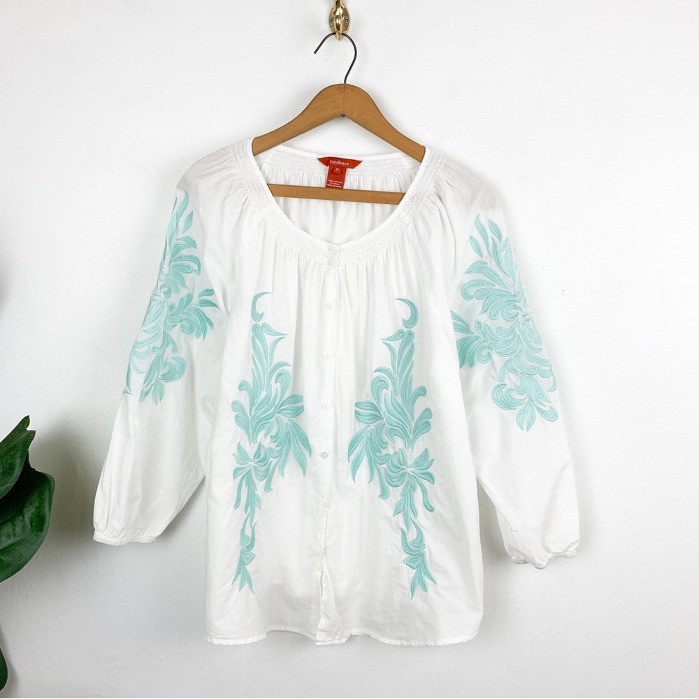 Sundance Lightweight Cotton Blue Embroidered Blouse Sz XL